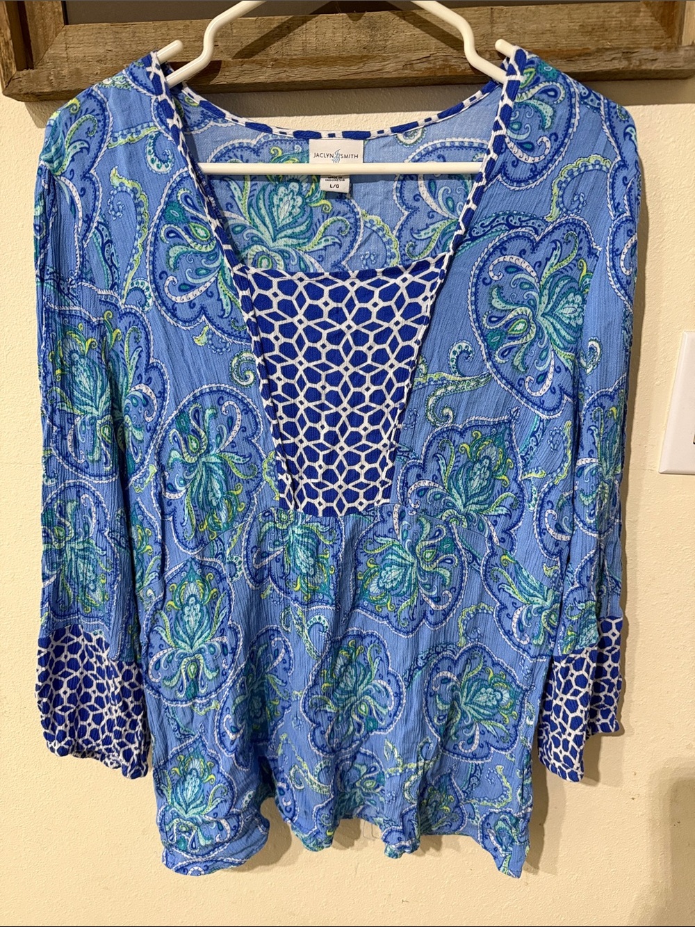 Jaclyn Smith Blue and Green Paisley Tunic with Navy Geometric Inset